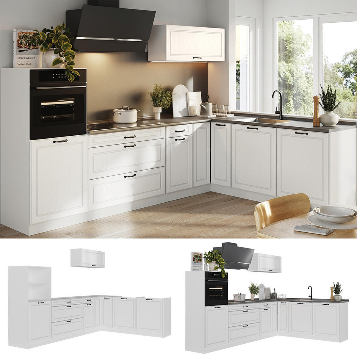 ROHOVÁ KUCHYŇA R-Line, Biely vidiecky dom/biely, 287 x cm antrasiitti työtaso - biela, kompozitné drevo (287/206.8/60cm) - Vicco