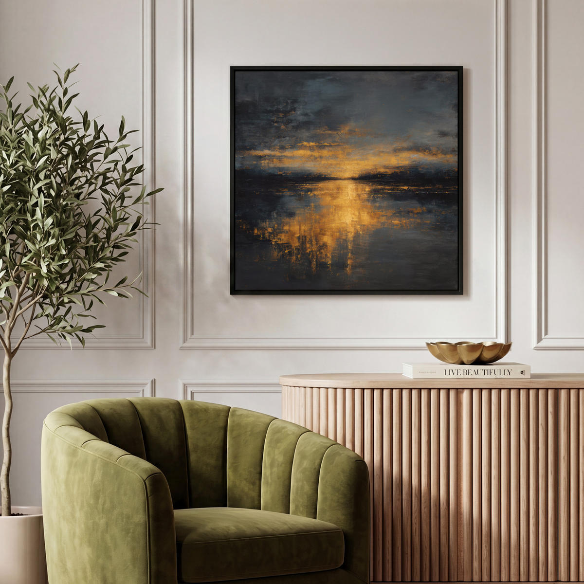 LEINWAND Bilder mit Rahmen - Goldene Reflexion auf dem Wasser - 50x50 - Anthrazit, Textil (50/50cm) - MuchoWow