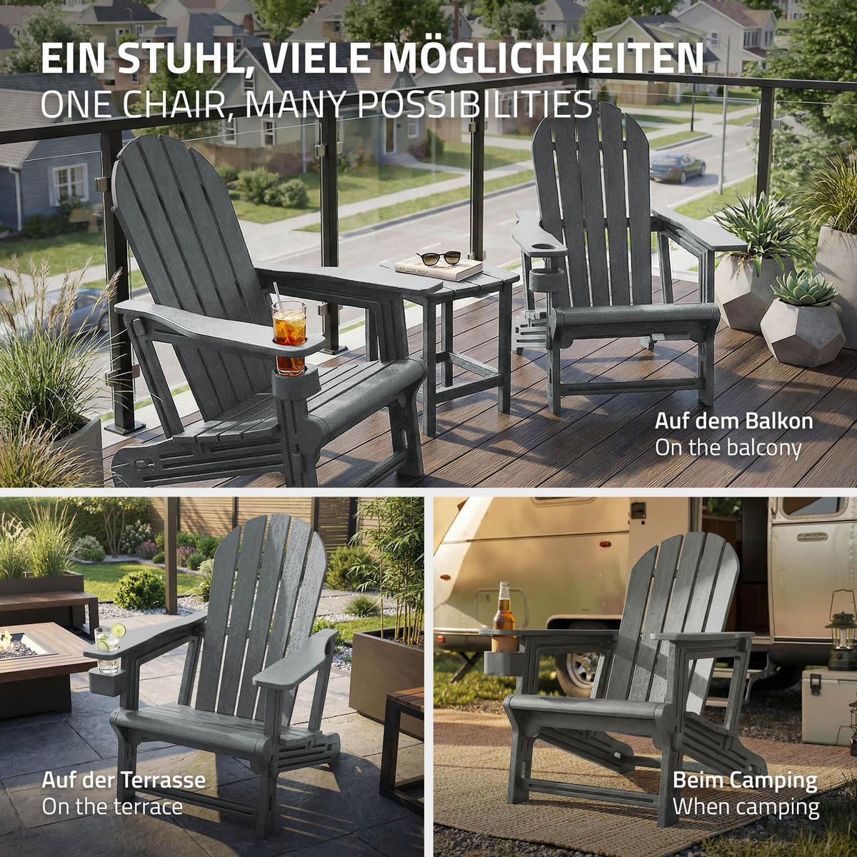 ADIRONDACK LEŽÁK s držákem na nápoje, šedý, z plastu - šedá, plast (54.5/91/76cm) - ML-DESIGN