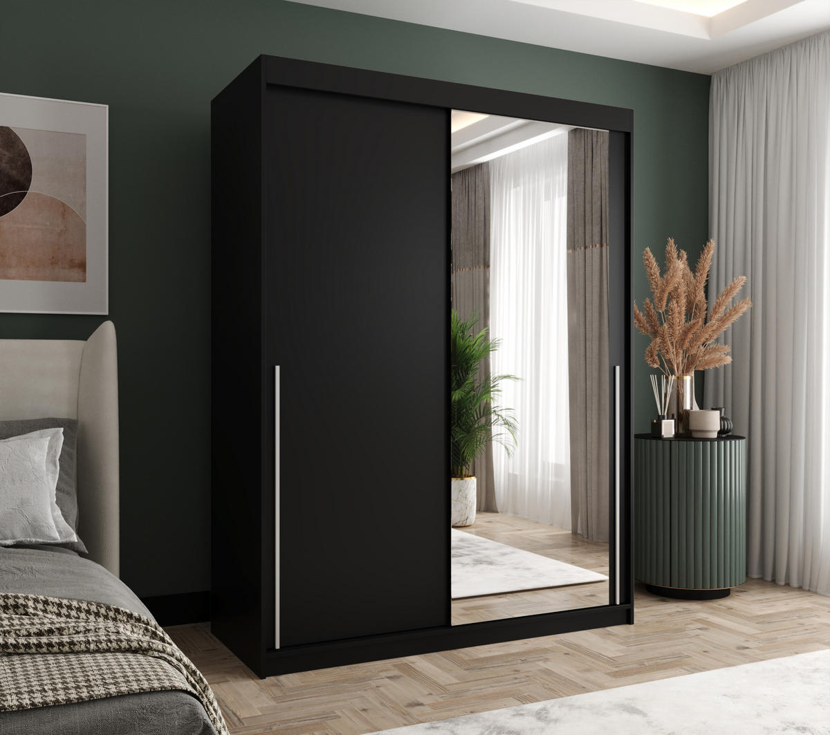 SCHIEBETÜRENSCHRANK mit Spiegel 150 cm Breite, schwarz mit silbernem Griff - Silberfarben/Schwarz, Holzwerkstoff (250/200/62cm) - Home Collective
