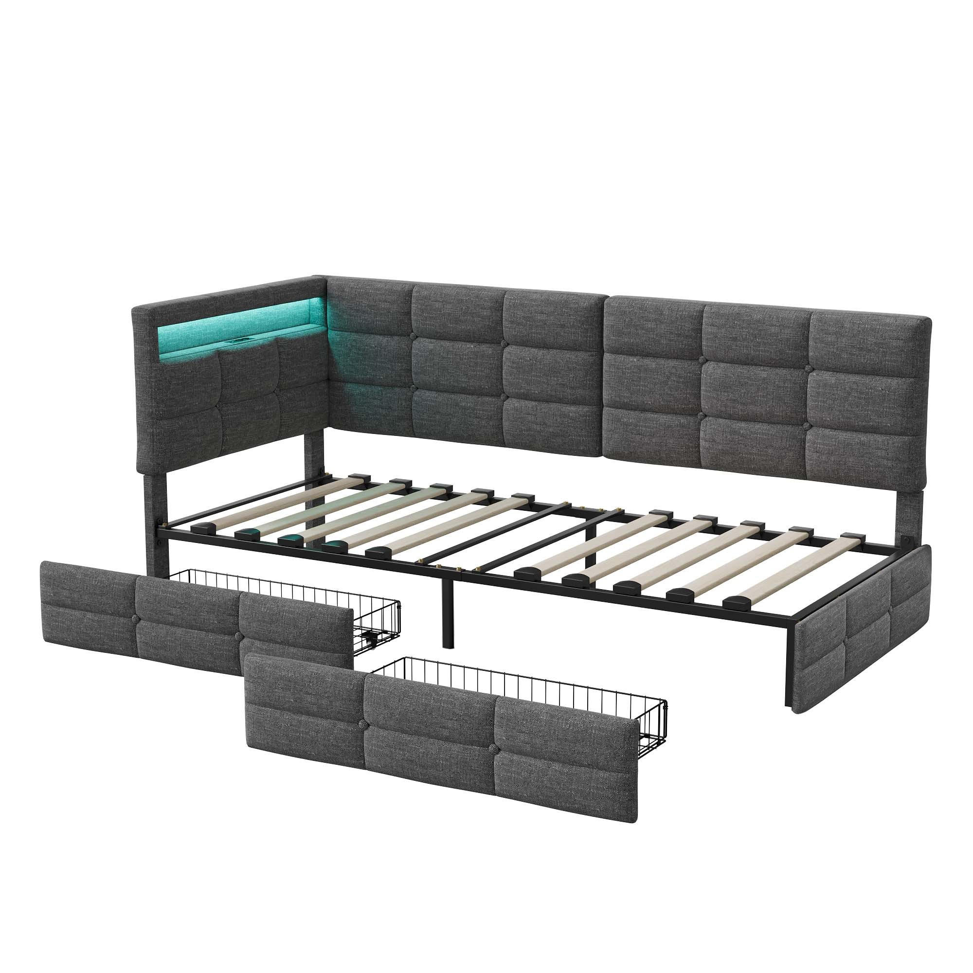 POLSTERBETT 90x200 cm - L-Form - mit LED, USB & 2 Schubladen Leinen Grau - Grau, Textil (90/200cm) - DELFA