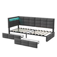 POLSTERBETT 90x200 cm - L-Form - mit LED, USB & 2 Schubladen Leinen Grau - Grau, Textil (90/200cm) - DELFA