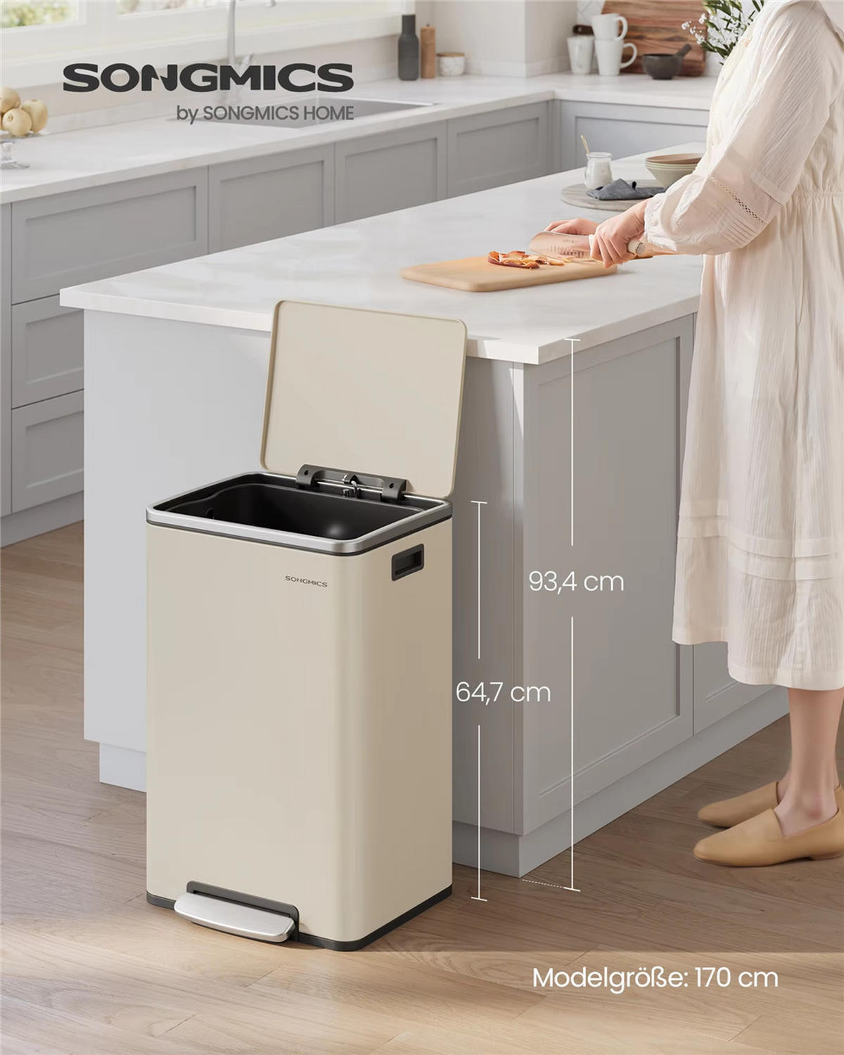 ABFALLSAMMLER 50 L Stahl Softclose Deckel Mülleimer - Beige, Metall (41.6/64.7/37.2cm) - Kaket