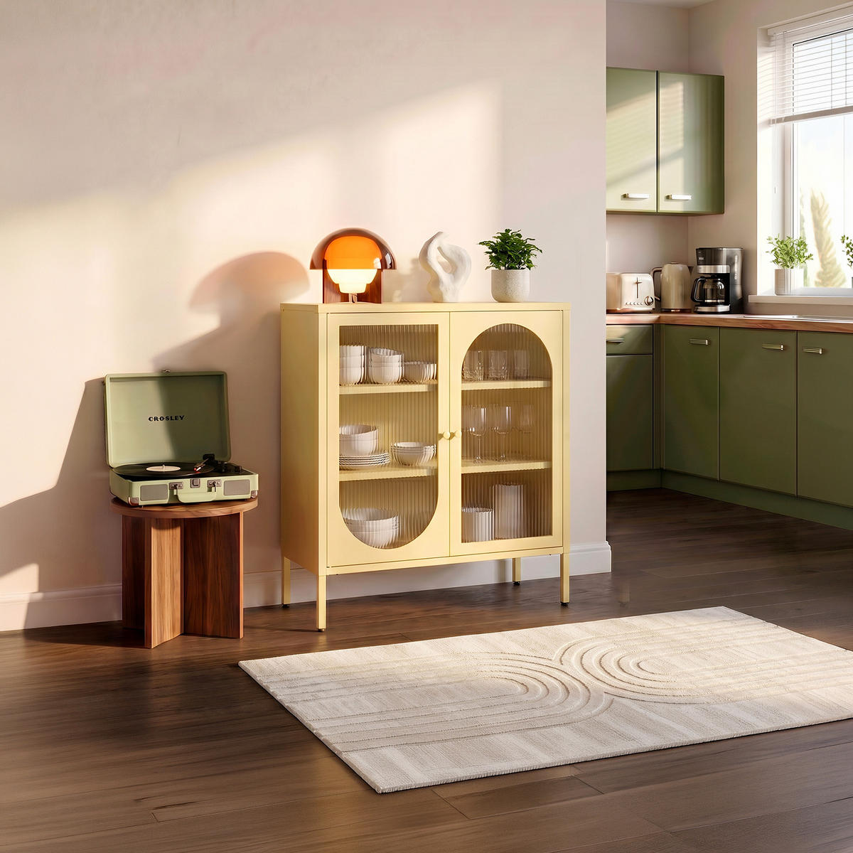 SIDEBOARD KURT aus Metall im Industriestil mit 2 Türen, Pastellgelb und geriffeltem Glas, 80 cm - Hellgelb, Metall (80/90/35cm) - Sicaan