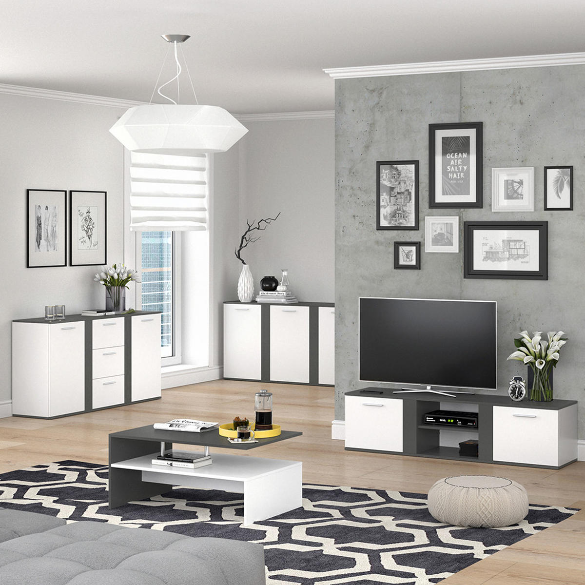 KOMMODE Novelli Anthrazit 155 x 80 cm mit Schubladen - Anthrazit, Holzwerkstoff (40/80/155cm) - Vicco