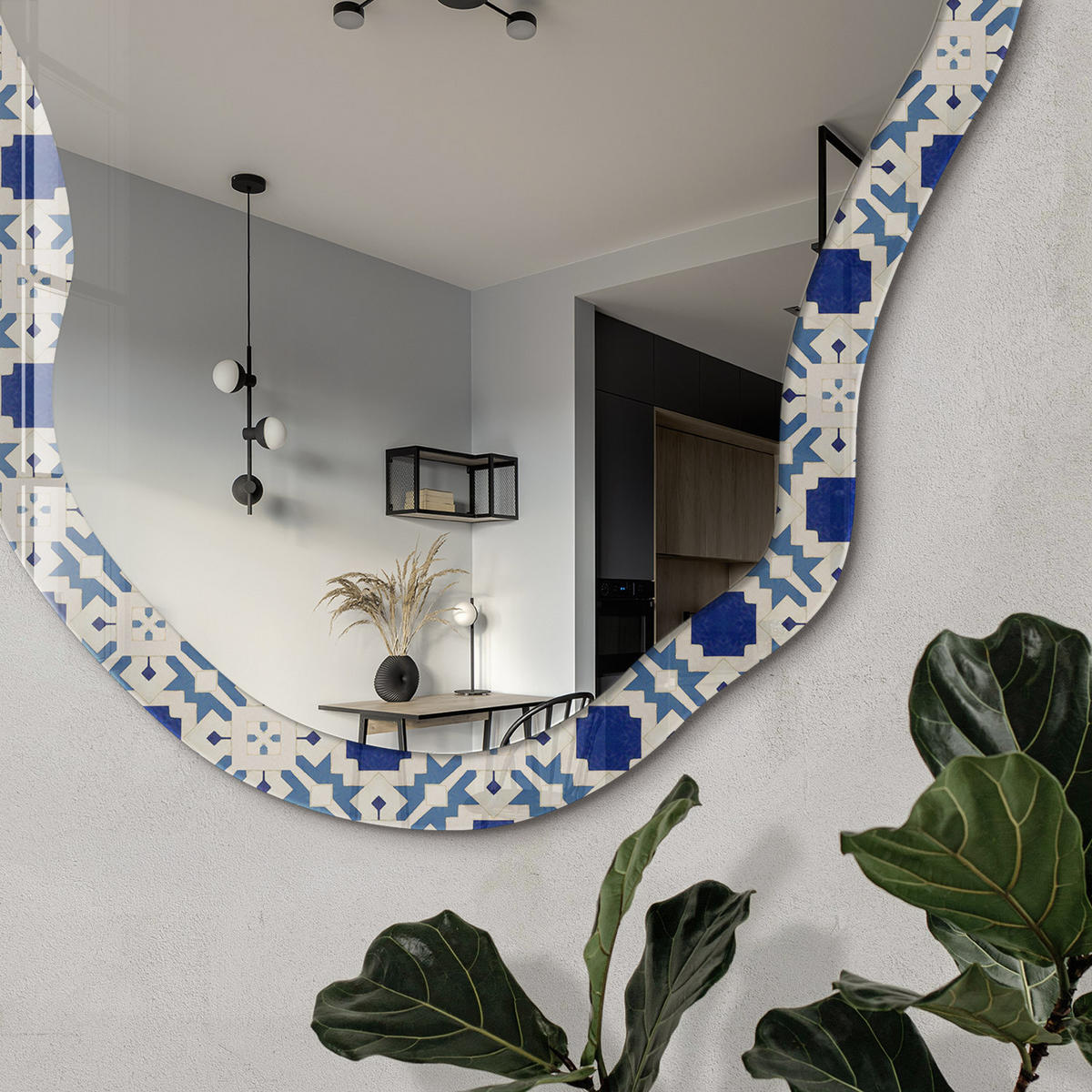 SPIEGEL 90x45 cm asymmetrisch mit Druck - Blaues Mosaik - Transparent, Glas (45/90/0.4cm) - TULUP