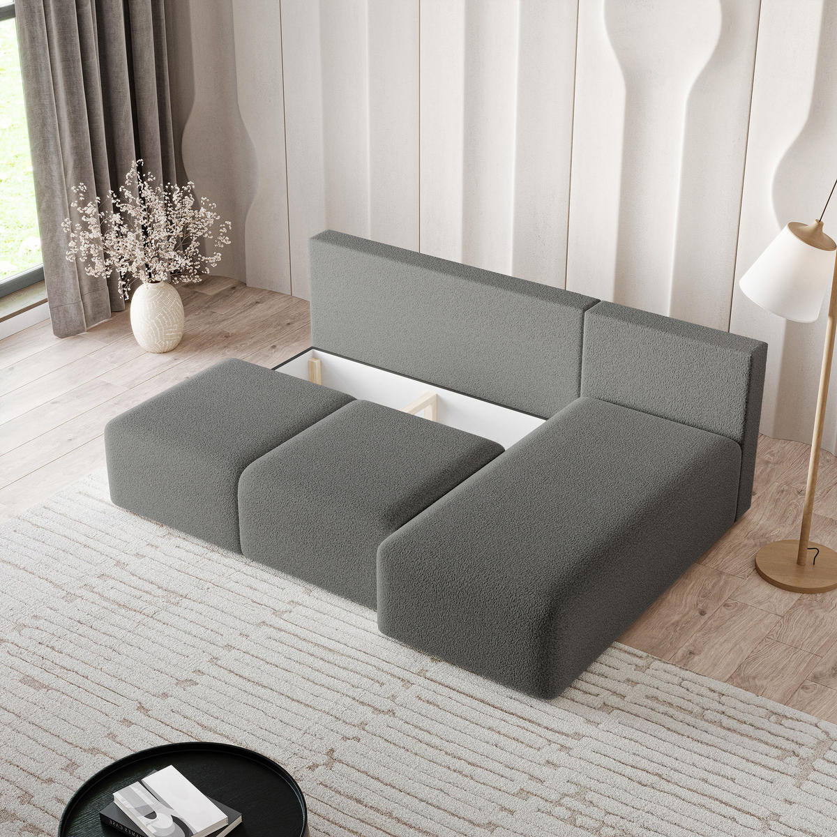 ECKSOFA TRAMA Grau Boucle-Stoff mit Schlaffunktion - Grau, Holz (200/143cm) - MASSENO