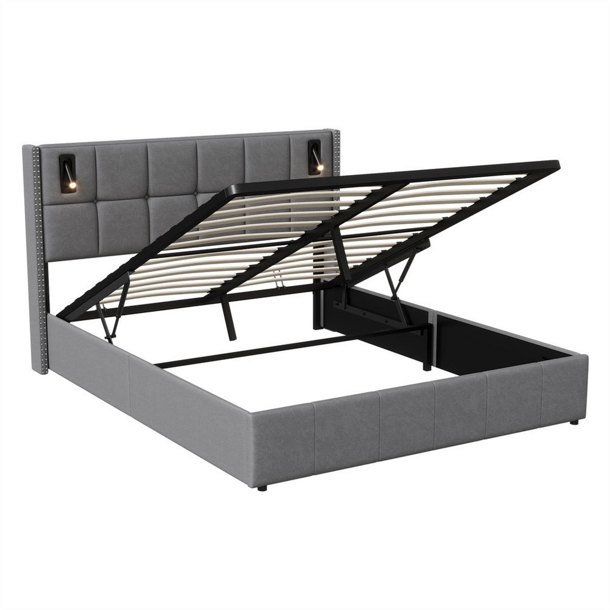 POLSTERBETT 140x200 cm - mit integrierten LED-Leseleuchten und hydraulischer Hebefunktion - ohne Matratze - Grau - Grau, Textil (140/200cm) - DELFA