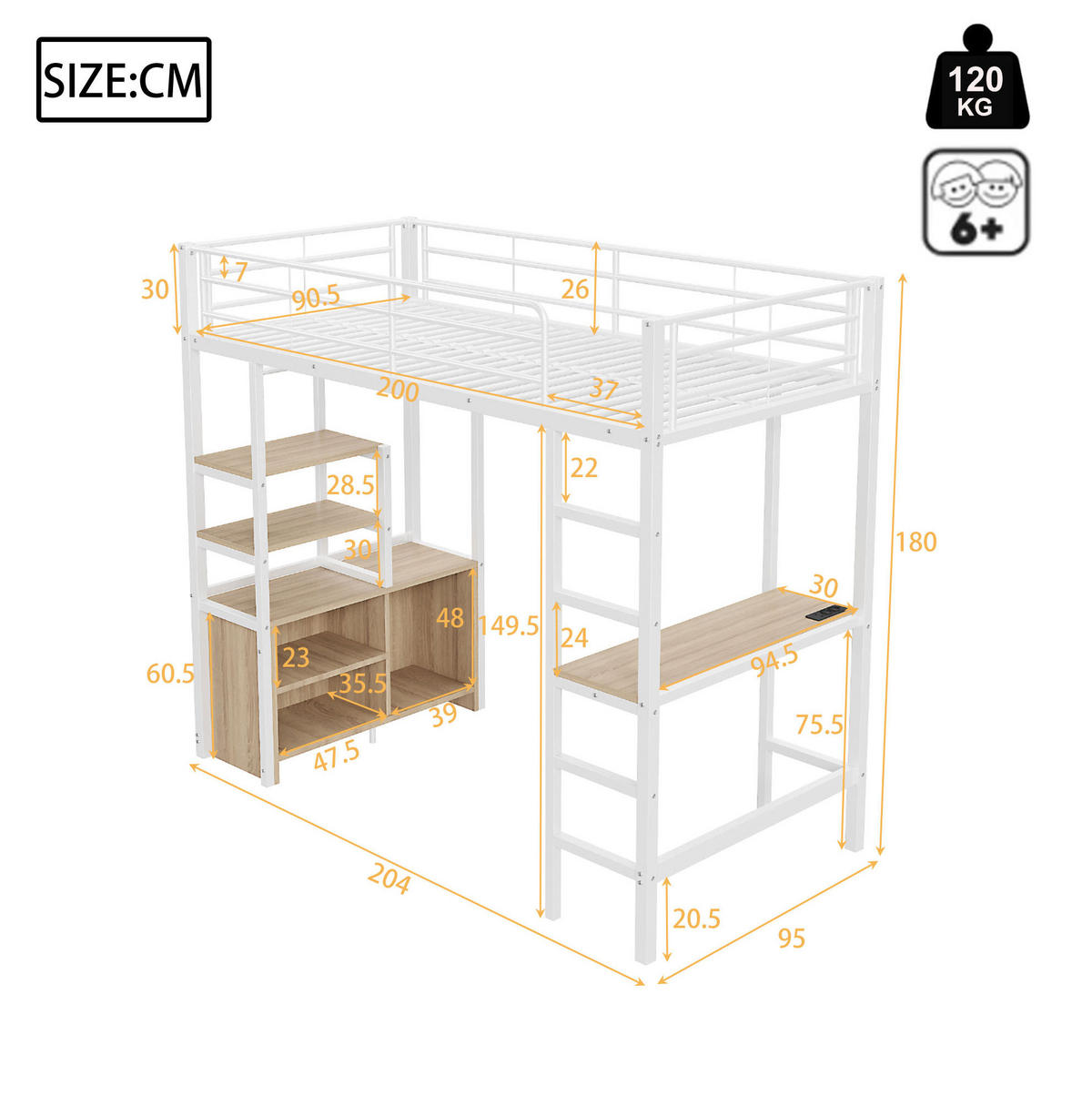 HOCHBETT aus Metall und MDF 90x200 cm Weiß mit Schreibtisch, Regalen, Steckdose und USB-Anschluss - Weiß, Metall (90/200cm) - IVMEU