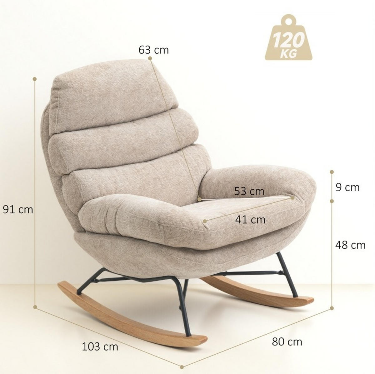SESSEL 80/103/91 cm, gepolstert mit 13 cm Schaum, Kufenbasis aus Stahl und Kautschukholz, Cremeweiß - Creme, Kunststoff (80/91/103cm) - Redom