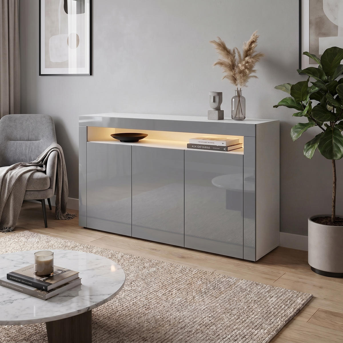 SIDEBOARD Valencia Grau Hochglanz / Grau Hochglanz - Grau, Holzwerkstoff (155/92/40cm) - Vladon