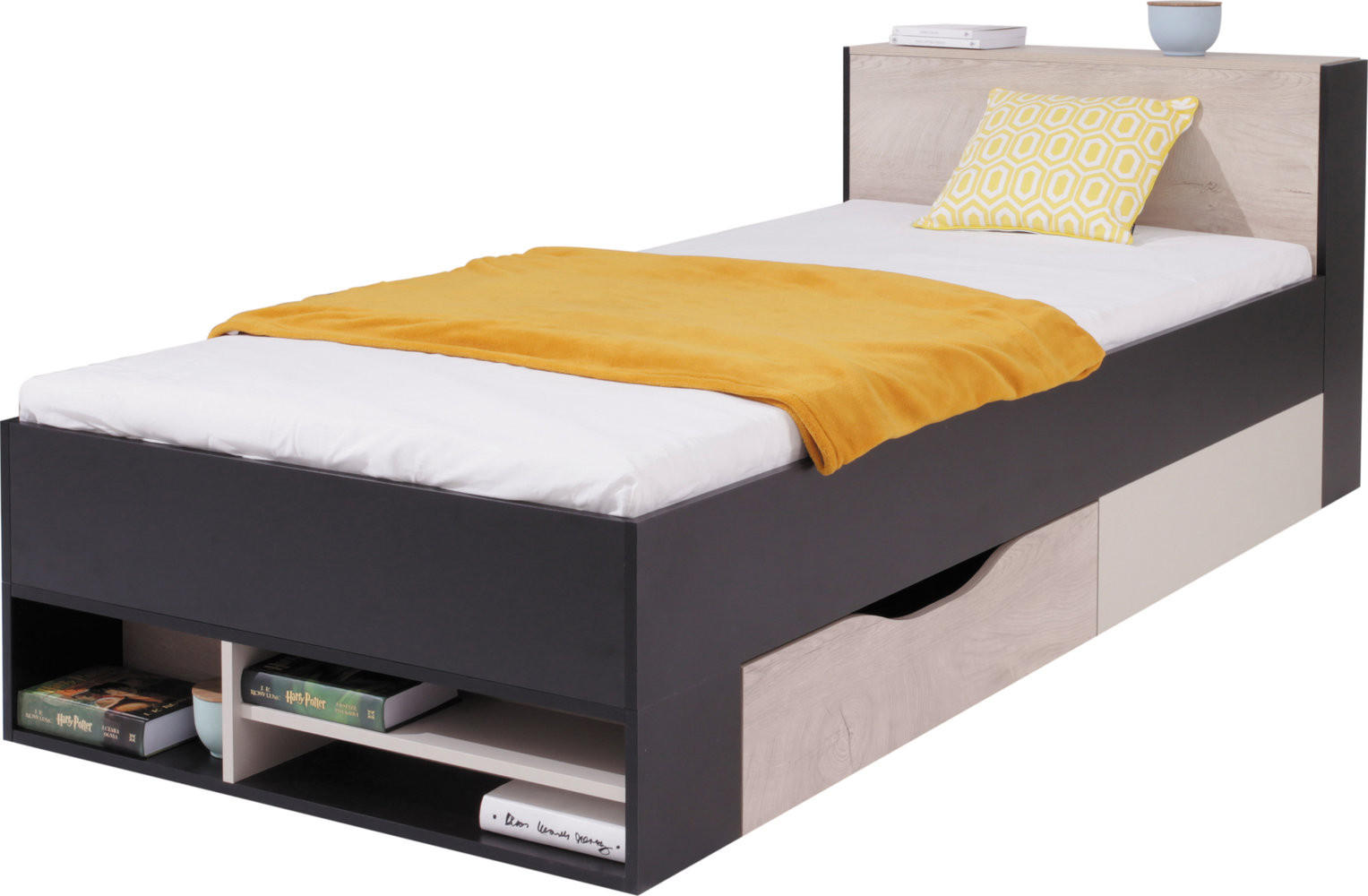 JUGENDBETT Spuki in Schwarz, Eiche und Beige – Jugendbett 90x200cm - Schwarz, Holzwerkstoff