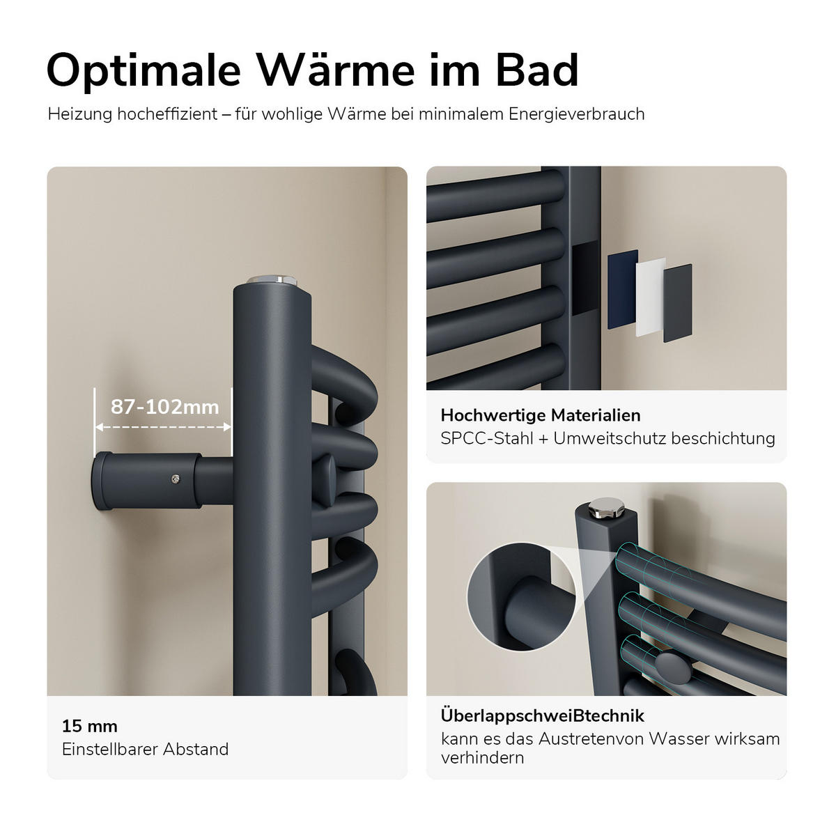 HANDTUCHHEIZKÖRPER elektrisch gebogen Anthrazit 140/40/5,6 cm - Anthrazit, Metall (40/140/5.6cm) - EMKE