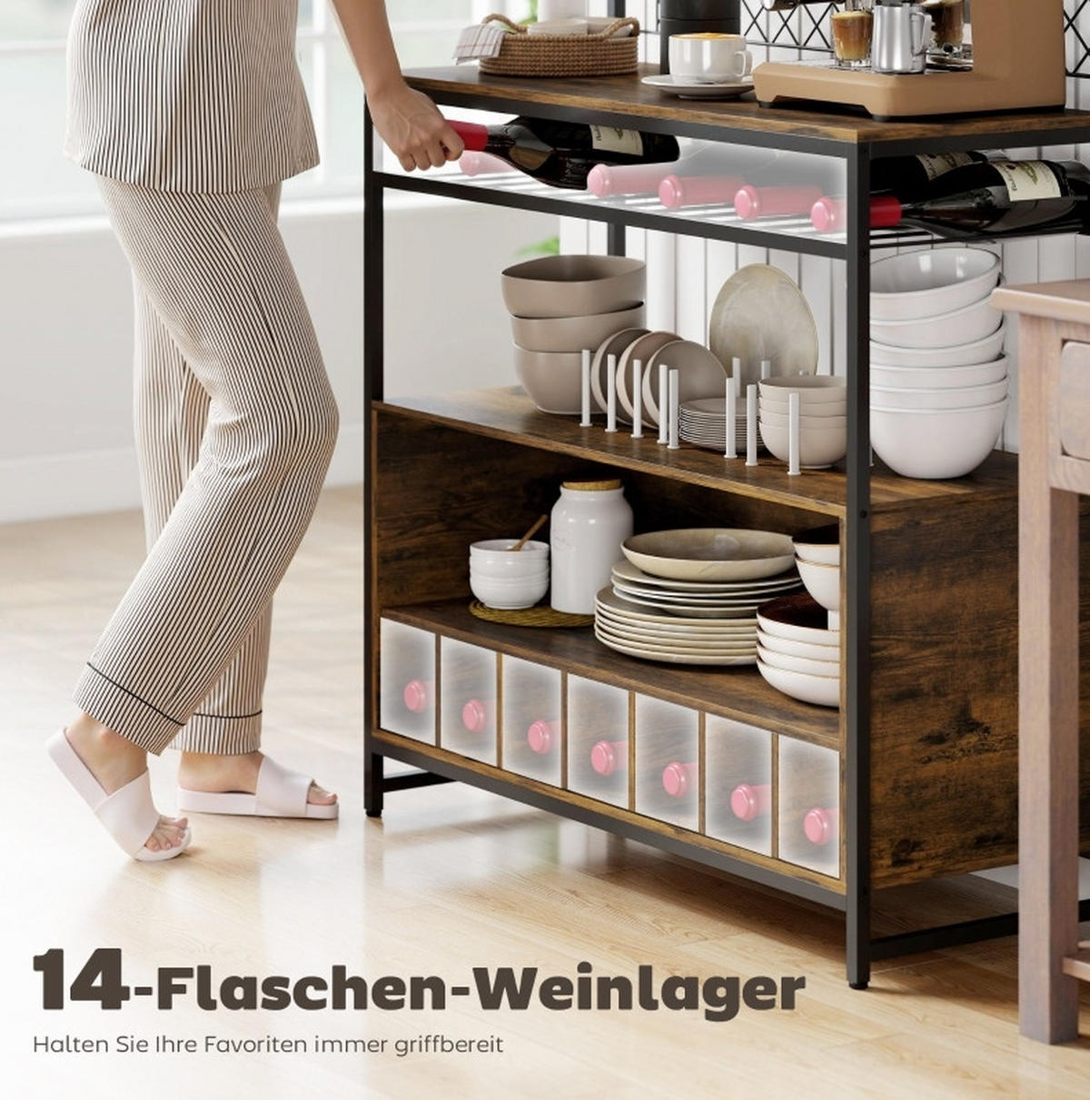 KÜCHENREGAL 96,5 cm mit Arbeitsfläche, Weinregal, Gitterpaneelen und 5 Haken aus Holz, Rustikales Braun - Braun, Holz (96.5/165/38cm) - Redom