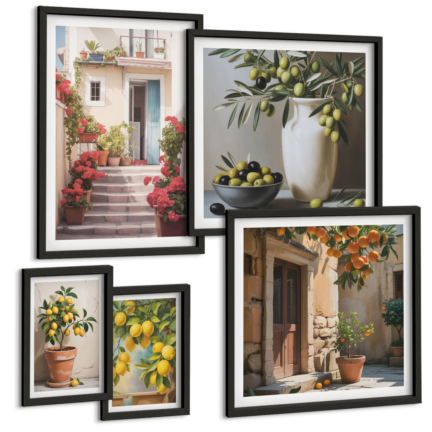 BILDER SET 5er Set - 50x50 cm & 20x30 cm & 40x60 cm Schwarzer Rahmen - Italienische Zitrus-Modeplakate - Schwarz, Kunststoff (40/60cm) - TULUP