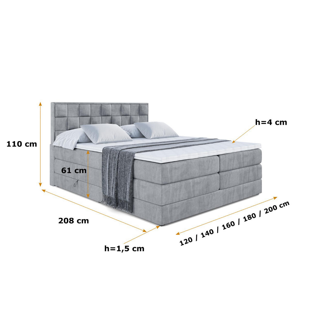 BOXSPRINGBETT ZAFIRA-BZ KING - 200 x 200 - H3/H4 - Grau - Grau, Holzwerkstoff (200/200cm) - ALTDECOR