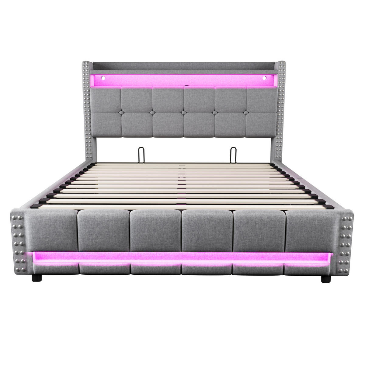 POLSTERBETT 160/200 cm mit LED-Beleuchtung, Bettkasten und gepolstertem Kopfteil - Hellgrau, Textil (160/200cm) - BEAOK