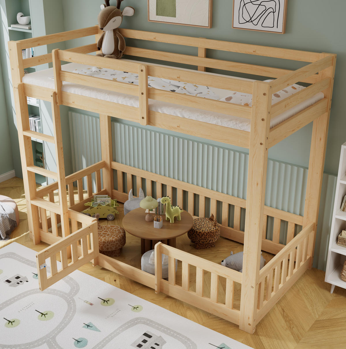 ETAGENBETT aus Massivholz 90x200 cm in Natur mit rechtwinkliger Treppe - Naturfarben, Holz (90/200cm) - Modfu