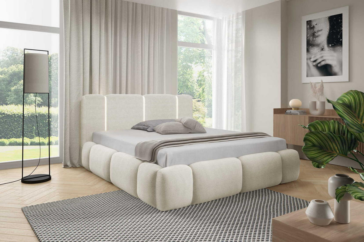 DOPPELBETT 140x200 Avelin mit Bettkasten, LED, Bouclé, Creme - Creme, Holz/Metall (140/200cm) - Emporius