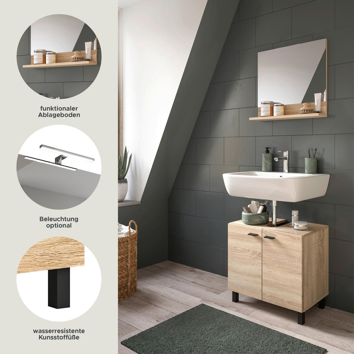 BADMÖBEL Set Boston 2tlg. auch hängend montierbar (B/H/T: 57x186x33 cm) - Eichefarben, Holzwerkstoff (57/186/33cm)