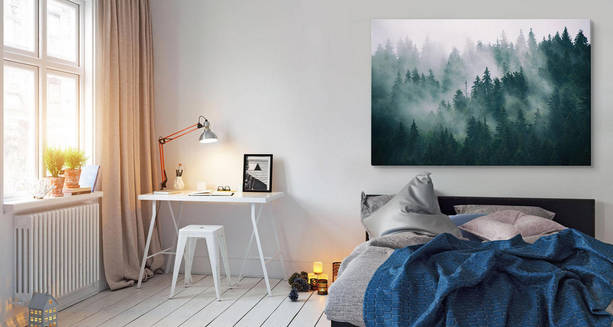 LEINWANDBILD Wald im Nebel Natur Landschaft 3D 100x70 - Schwarz/Weiß, Textil (100/70cm) - Muralo