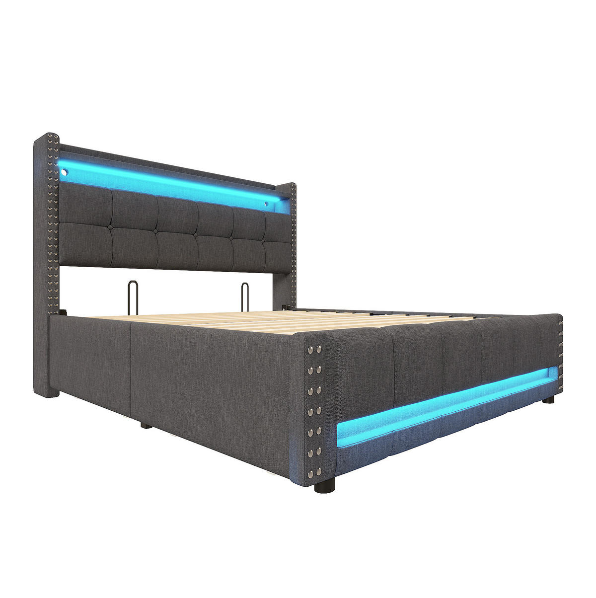 POLSTERBETT 160/200 cm mit LED-Beleuchtung, USB-Anschluss und Kopfteil mit Ablagen und Stauraum, aus Leinenstoff, Grau - Grau, Textil (160/200cm) - Redom
