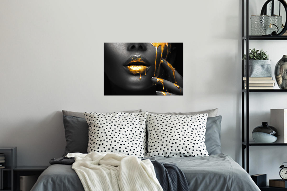 WANDTATTOO Frau - Schwarz - Gold - Gesicht - Lippen 60x40 cm - Goldfarben, Kunststoff (60/40/0.1cm) - MuchoWow
