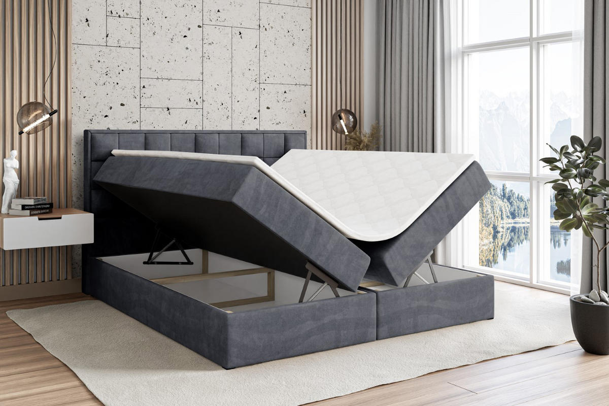 BOXBETT mit H4-Matratze und Lattenrost- ZAFIRA-BZ - 160x200 - Dunkelgrau Samt - Dunkelgrau, Holzwerkstoff (160/200cm) - ALTDECOR