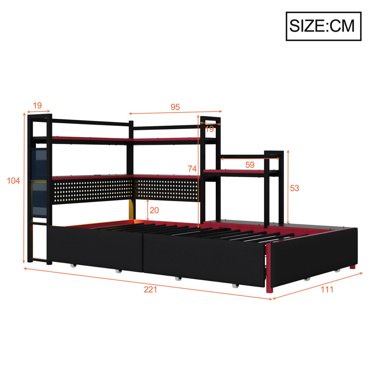 KOVOVÁ postel 90/200 cm s LED osvětlením, USB porty a úložným prostorem, černá - černá, kov (90/200cm) - Redom