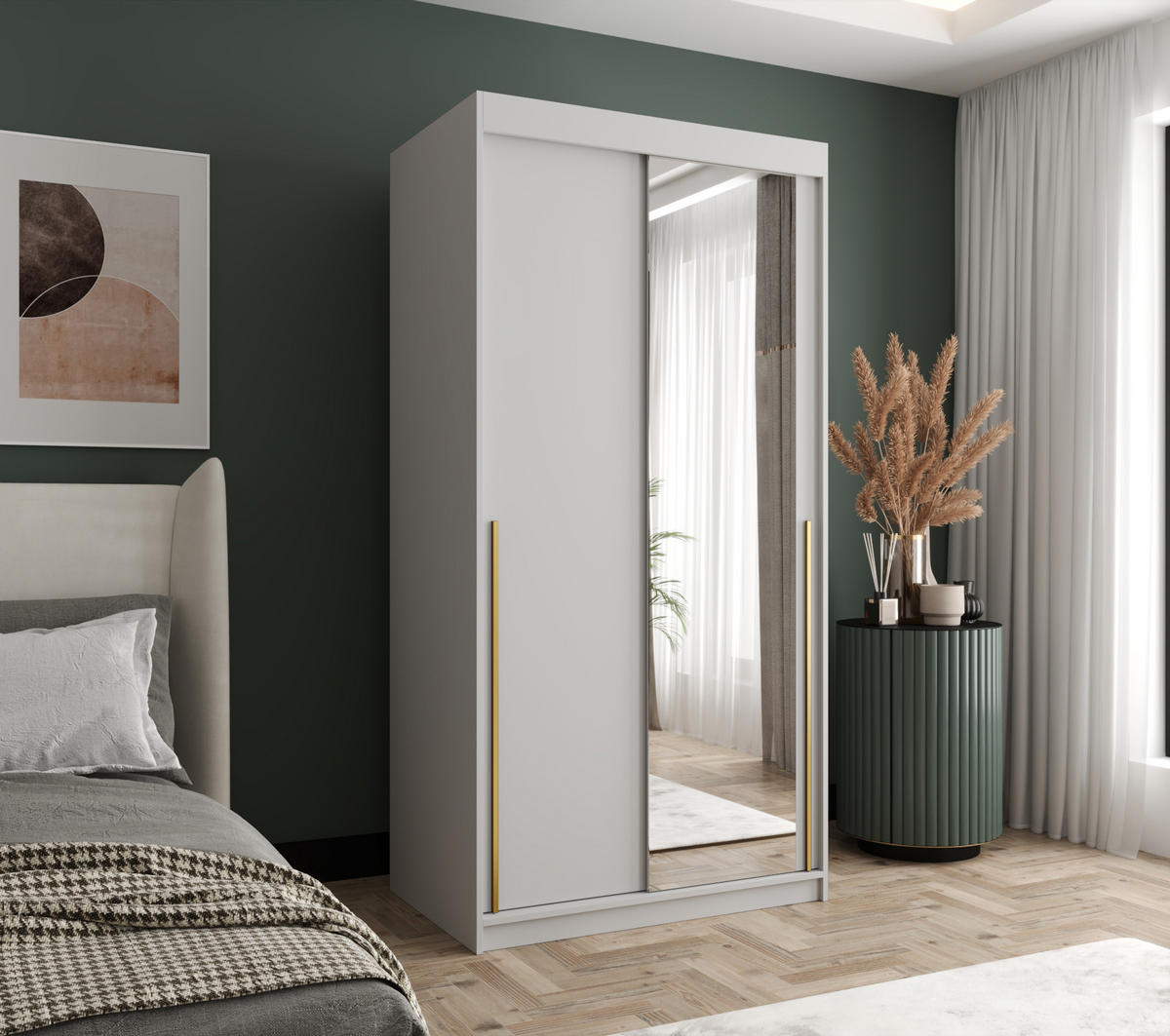 SCHIEBETÜRENSCHRANK mit Spiegel 100 cm Breite, weiß mit Goldgriff - Goldfarben/Weiß, Holzwerkstoff (250/200/62cm) - Home Collective