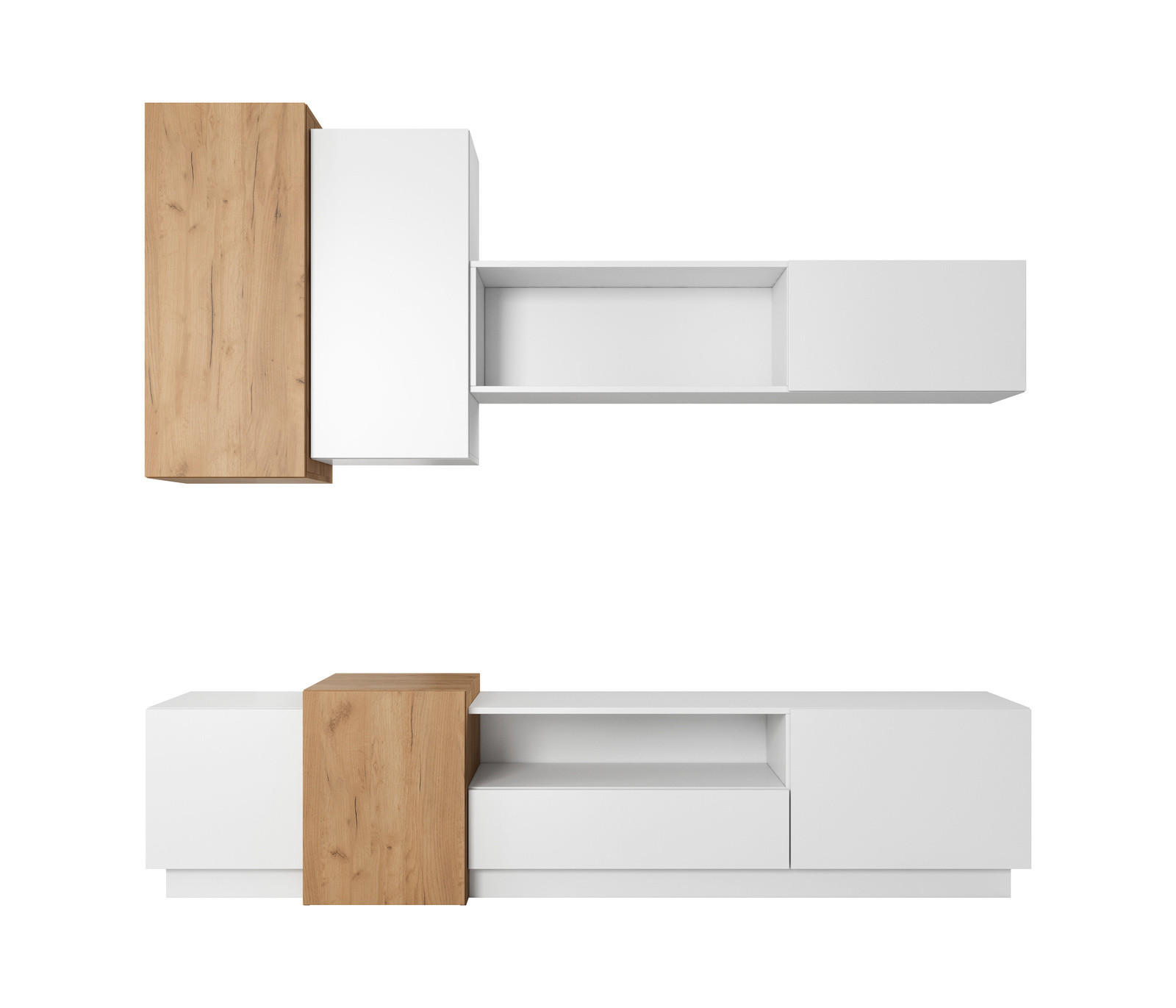 WOHNWAND Viano Weiß / Eiche Craft Gold - 4-teiliges Set mit Push-to-Open - Eichefarben/Weiß, Holz/Holzwerkstoff (220/180/45cm) - Ravio
