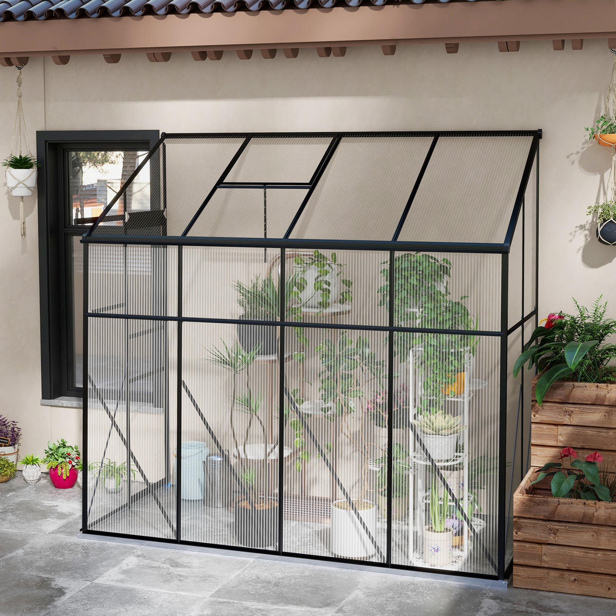 ANLEHNGEWÄCHSHAUS DE-11979 mit Polycarbonat, Schiebetür und Dachlüftung Schwarz - Schwarz, Kunststoff (253/240/127cm) - ComfortXL