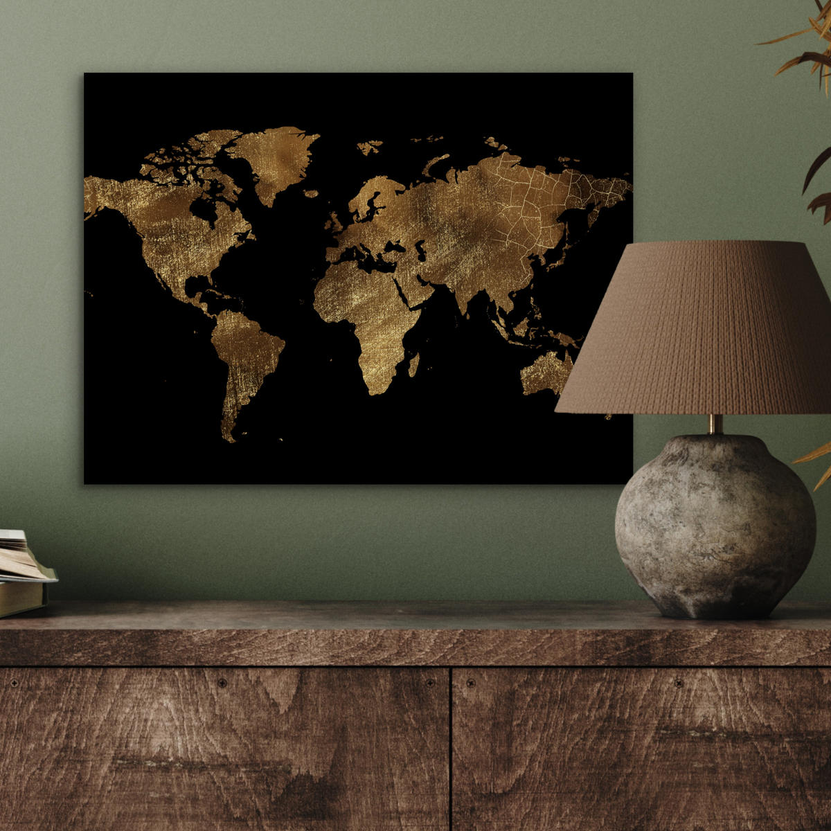 KOVOVÝ OBRAZ Mapa sveta - Zlato - Luxus - Zem - Čierna 40x30 cm - zlatá, kov (40/30cm) - MuchoWow