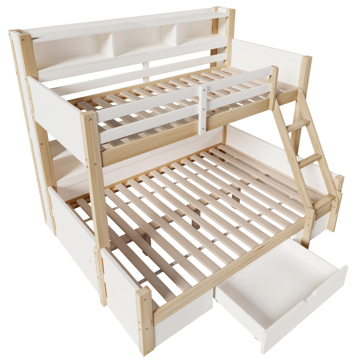 ETAGENBETT 90/200 & 140/200 cm aus Kiefernholz mit LED-Beleuchtung und Stauraum Weiß/Natur - Weiß, Holz (90/200cm) - Modenvie