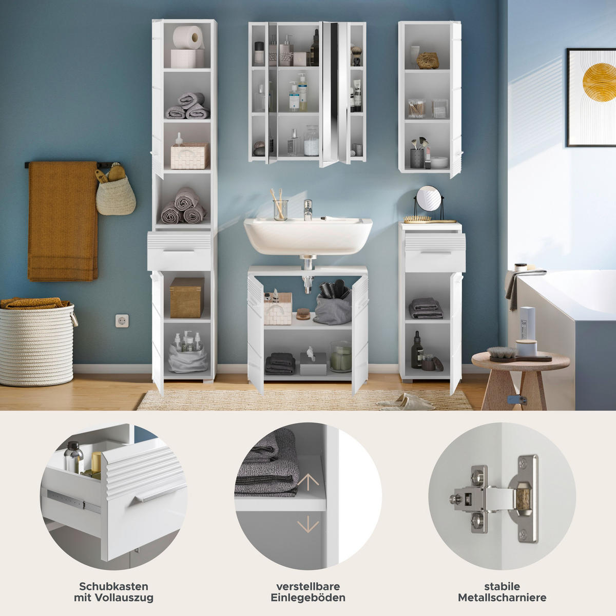 BADKOMBINATION 5tlg. Linus Bad in weiß Nachbildung und weiß hochglanz B/H/T: 151x182x34 cm - Weiß, Holz (151/182/34cm)