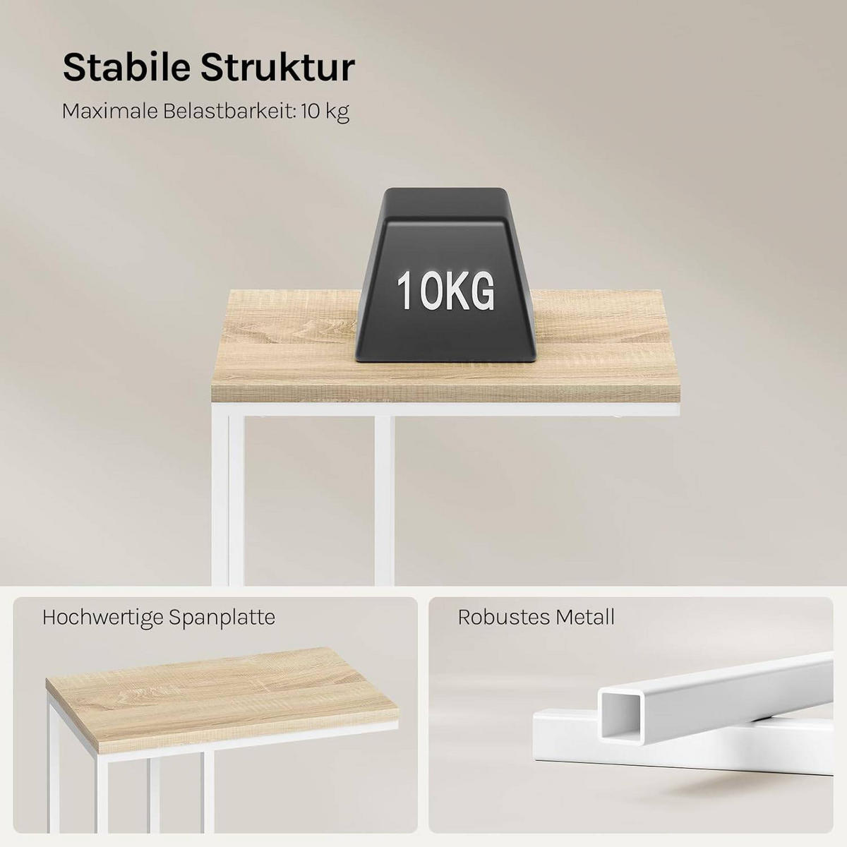 BEISTELLTISCH, Couchtisch C Form, 45 x 63,5 x 25 cm - Hellbraun/Weiß, Holzwerkstoff/Metall (25/45/63.5cm) - Woltu