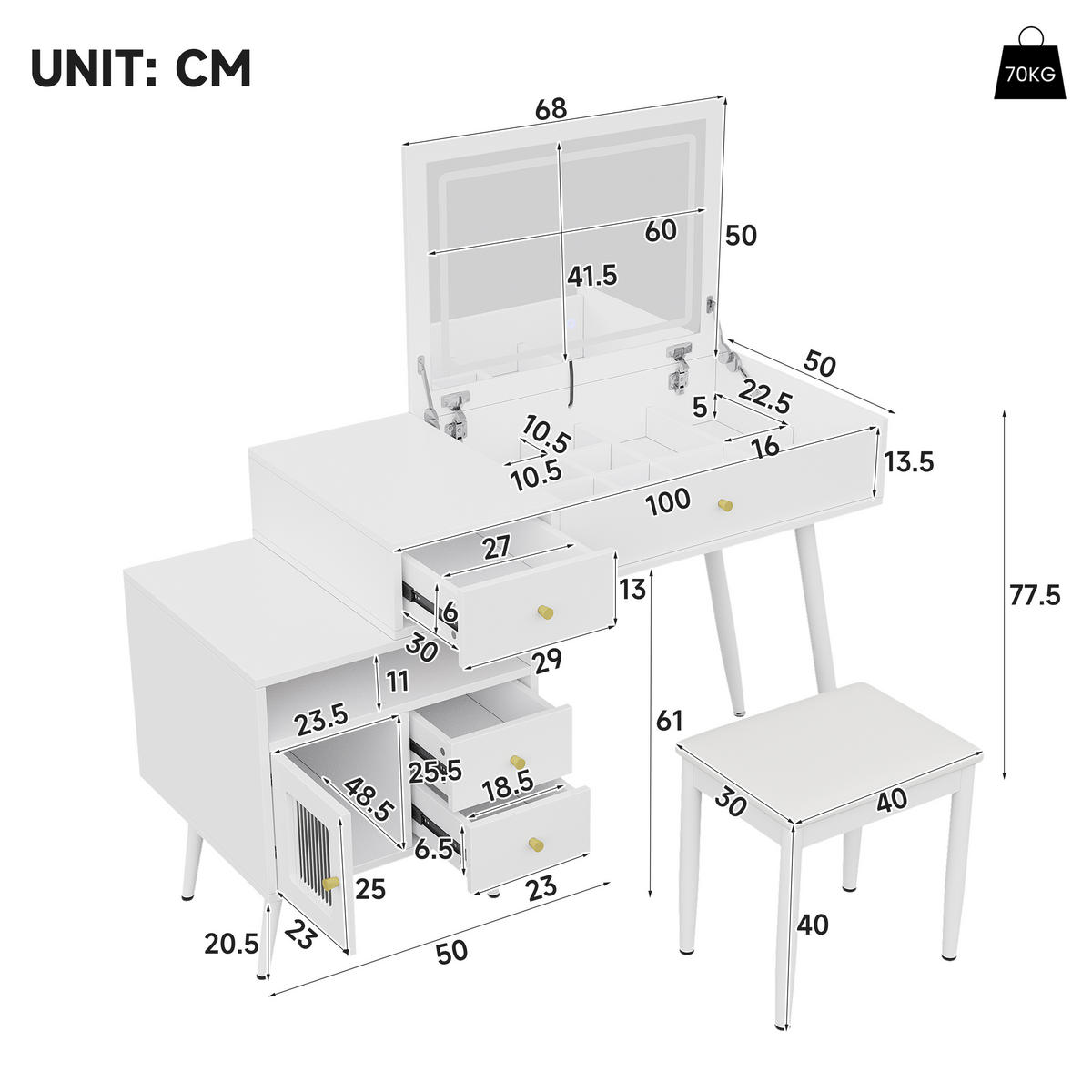 SCHMINKTISCH Set mit Hocker LED Spiegel Metallgriffe Modern - Weiß, Holzwerkstoff (120/77.5/50cm) - FLIEKS