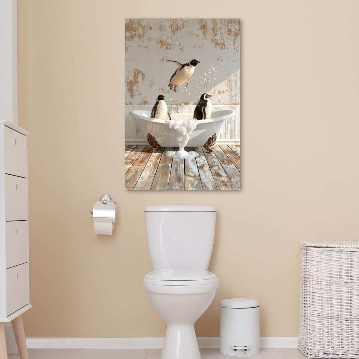 LEINWANDBILD Vintage - Pinguin - Badewanne - Schaumstoff 60x90 cm - Schwarz, Textil (60/90cm) - MuchoWow