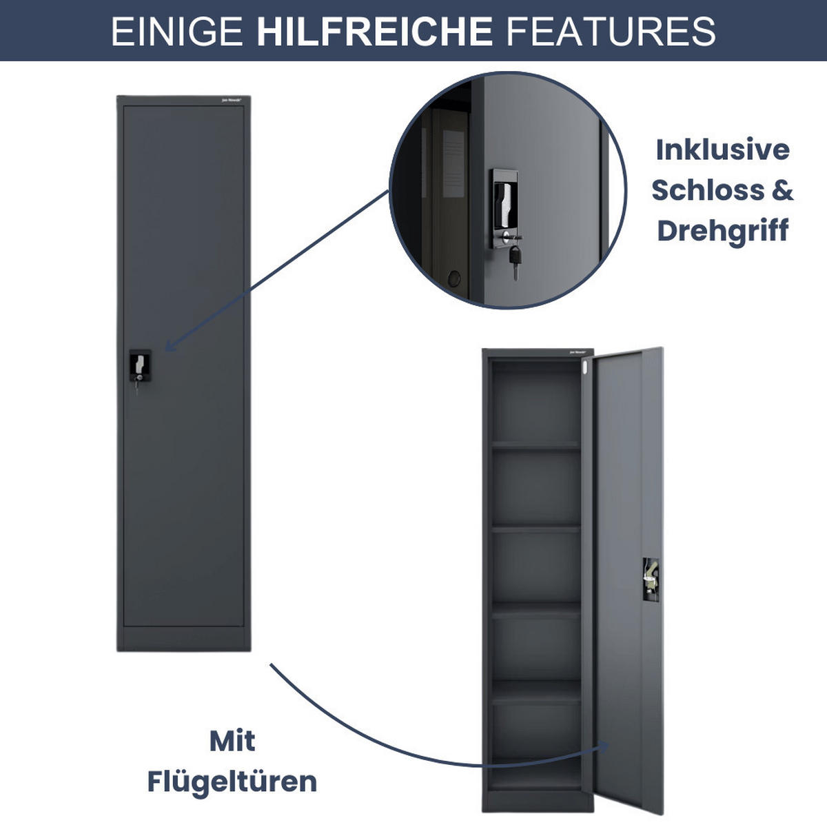 AKTENSCHRANK abschließbar KADO mit Flügeltüren 185x45x40cm Anthrazit - Anthrazit, Metall (45/185/40cm) - DELUKE