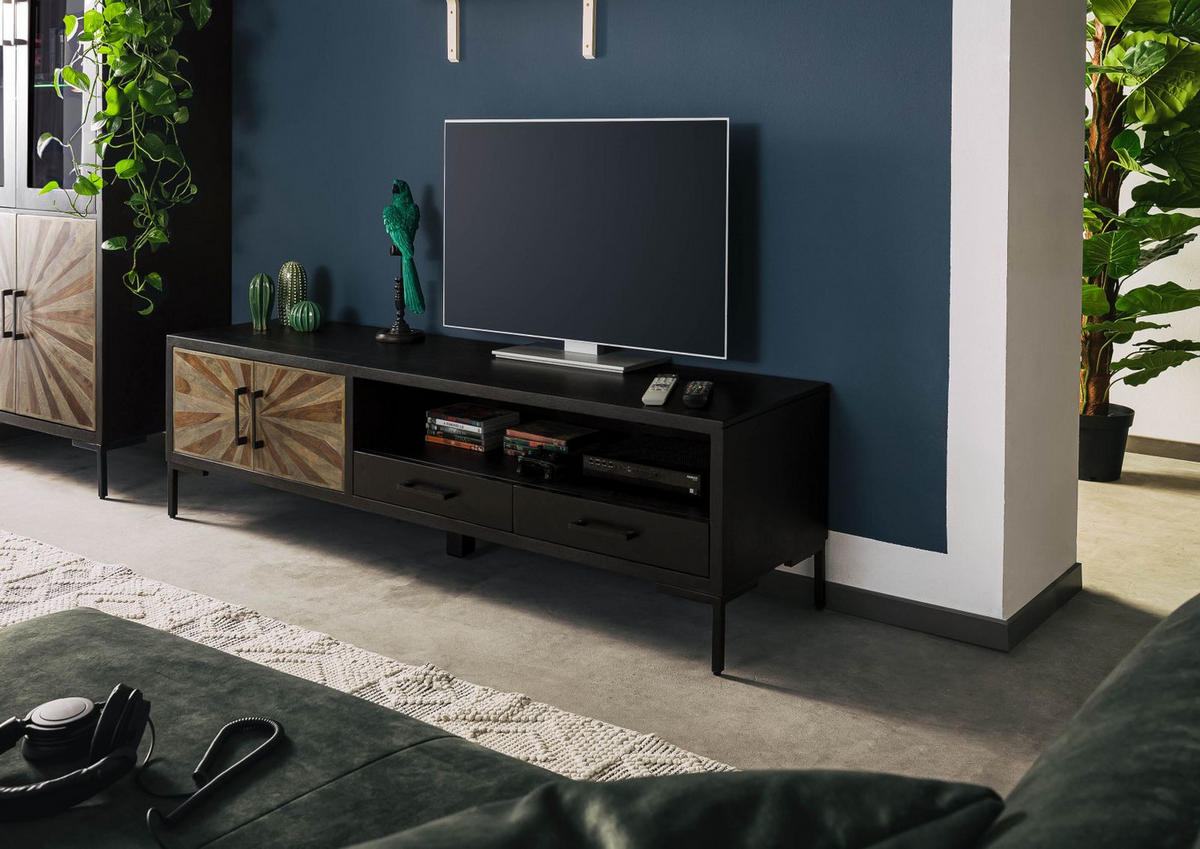 TV-BOARD Sheesham 178x45x50 schwarz lackiert SUN #106 - Schwarz, Holz (178/50/45cm) - Massivmoebel24