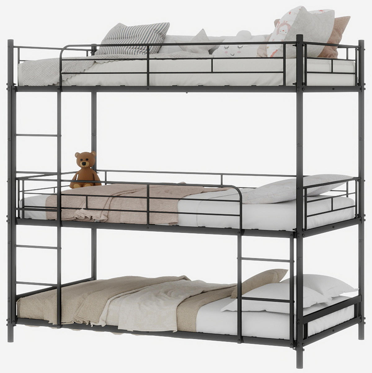 DREIFACH-ETAGENBETT 90/180 cm schwarz aus Metall mit Leitern und Geländer - Schwarz, Metall (90/190cm) - OKWISH