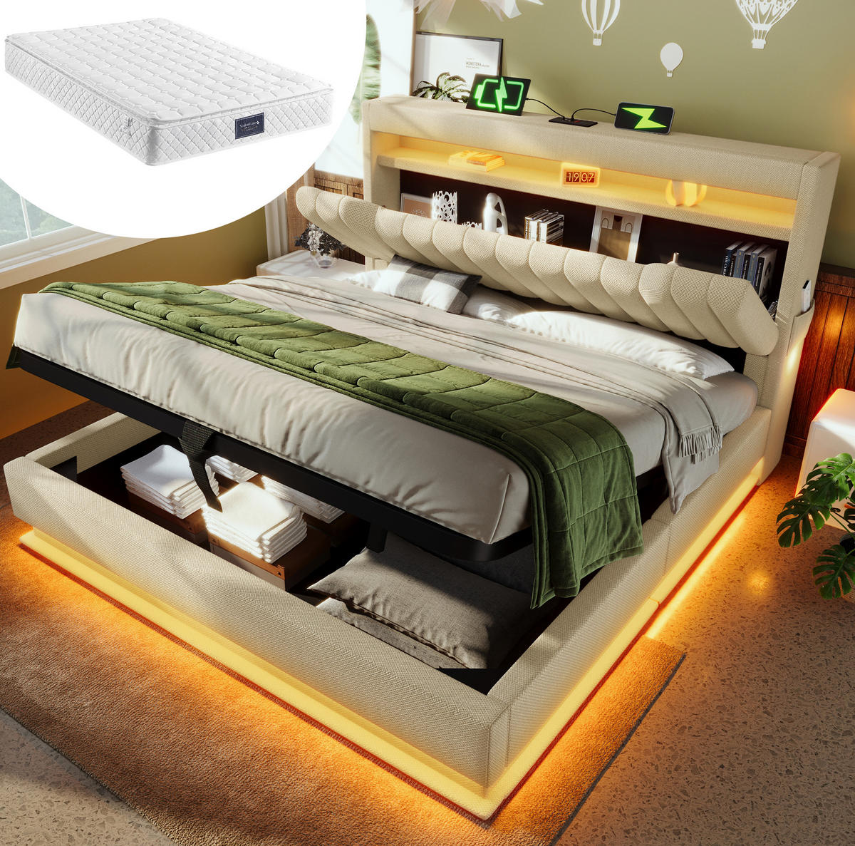 POLSTERBETT mit Stauraum 140x200 cm Leinen Beige mit Matratze - Beige, Metall (140/200cm) - Meubliv