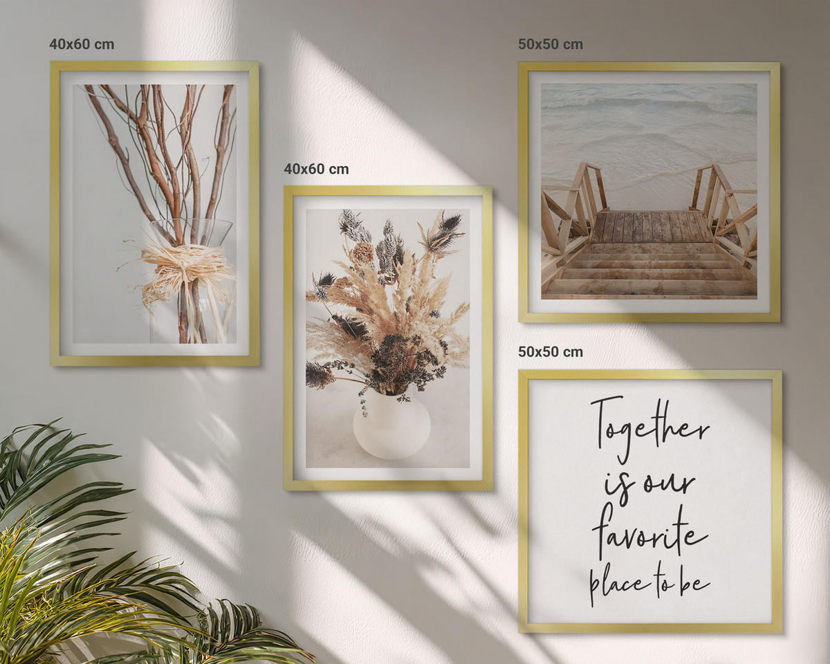 BILDER SET 4er Set - 50x50 cm & 40x60 cm Goldrahmen - Blumenzweige Minimalismus Natur - Goldfarben, Kunststoff (50/50cm) - TULUP