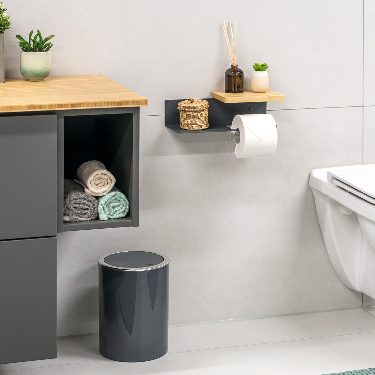 TOILETTENPAPIERHALTER VARAZ mit 2 Ablagen, Metall und Bambus - Grau, Metall (31.5/9.5/13cm) - eluno
