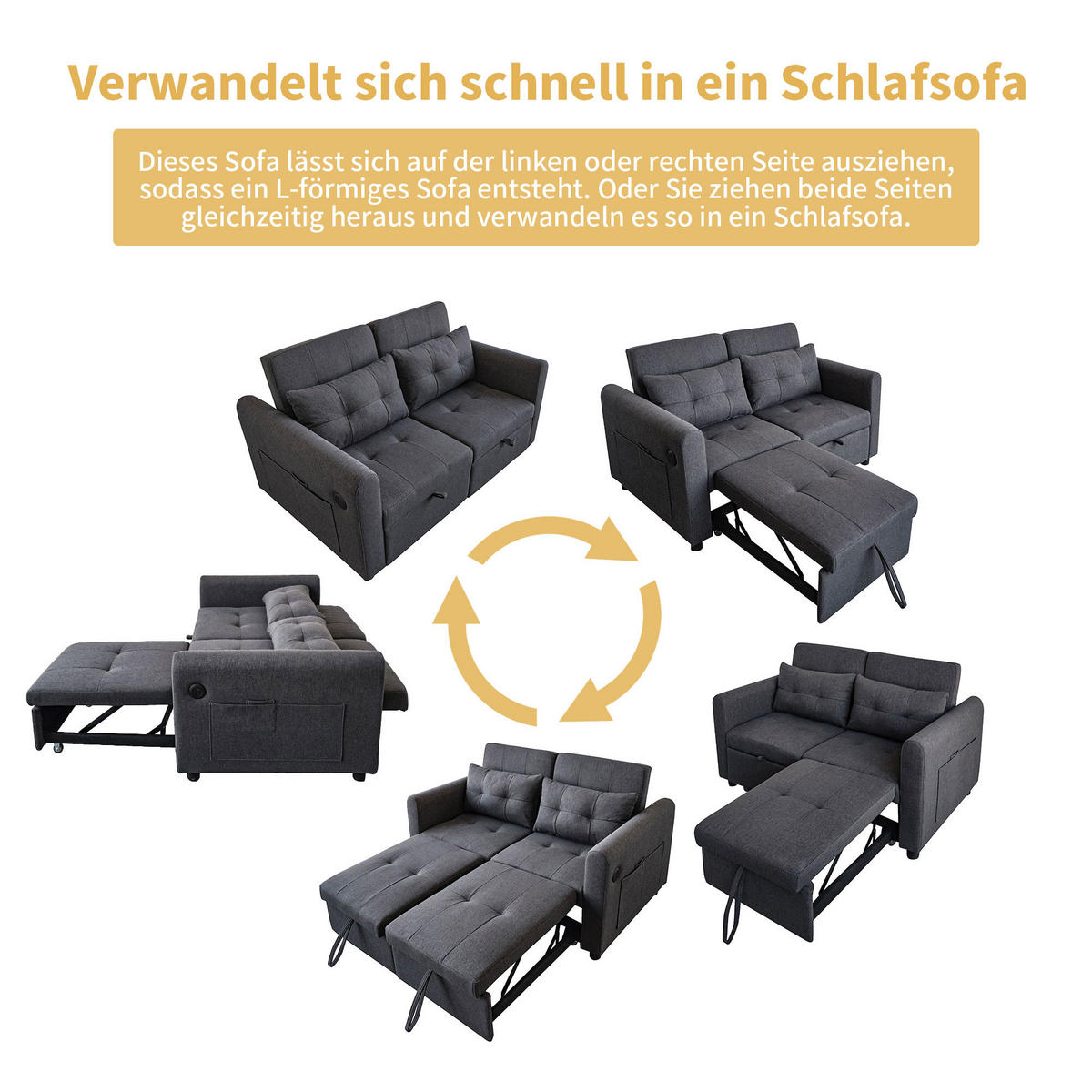 SCHLAFSOFA 3-in-1 Baumwoll-Leinen mit verstellbarer Rückenlehne und USB-Anschluss Grau 142/85/83 cm - Grau, Textil (85/83/142cm) - Redom