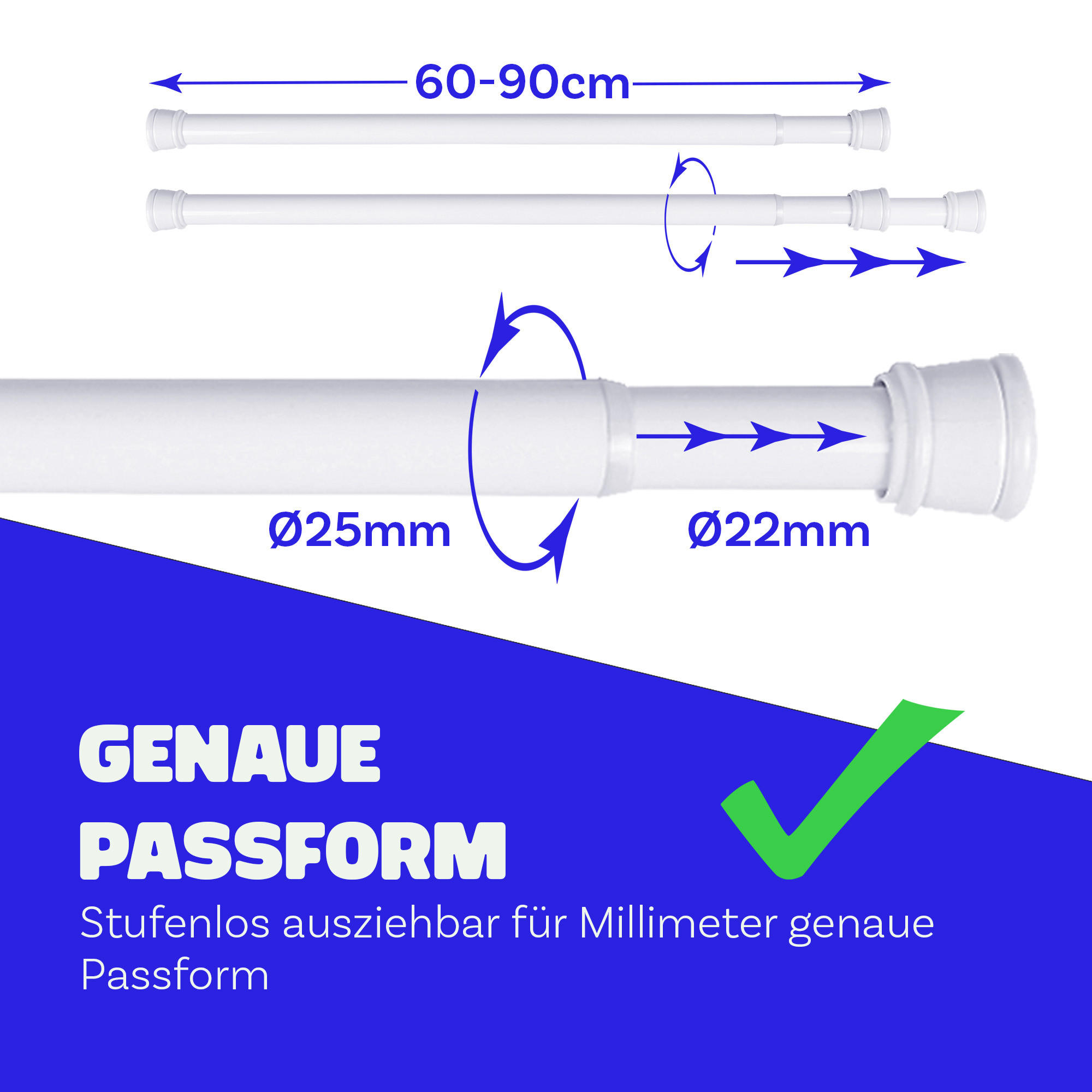 VERSTELLBARE Vorhangstange - Spannstange zum Klemmen Weiß Ø22/25 mm 60-90 cm - Weiß, Metall (60cm) - Bestlivings