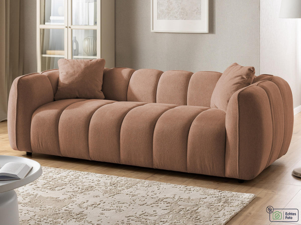 3-SITZER SOFA Nubira in tief gesteppter Bubble-Optik aus weichem Terrakotta Strukturstoff im modernen Design - Terracotta/Schwarz, Holz/Kunststoff (228/69/89cm) - S-Style Möbel