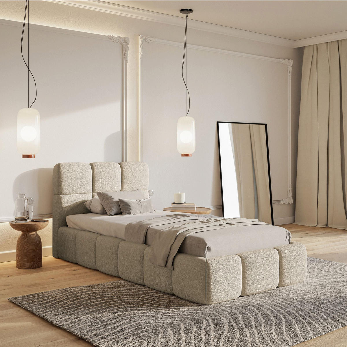 POLSTERBETT Cloudy Hellbeige Bouclé, Bettkasten & Lattenrost, 90x200 cm - Ecru/Schwarz, Kunststoff/Textil (90/200cm) - Selsey