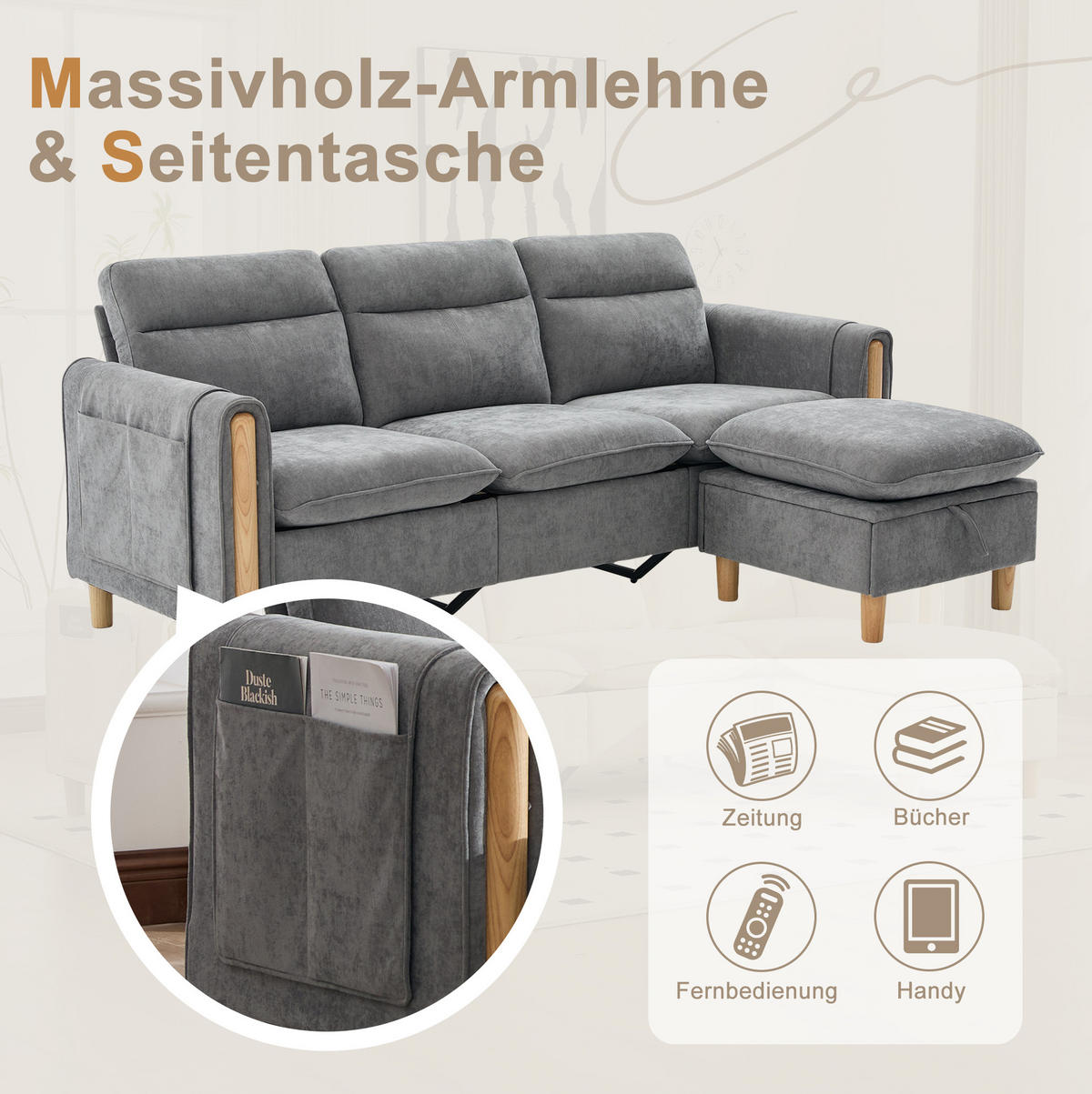SOFA 201/77/86 cm in Hellgrau mit Hocker, Stauraum und Seitentaschen - Hellgrau, Textil (77/86/201cm) - Flora Grace