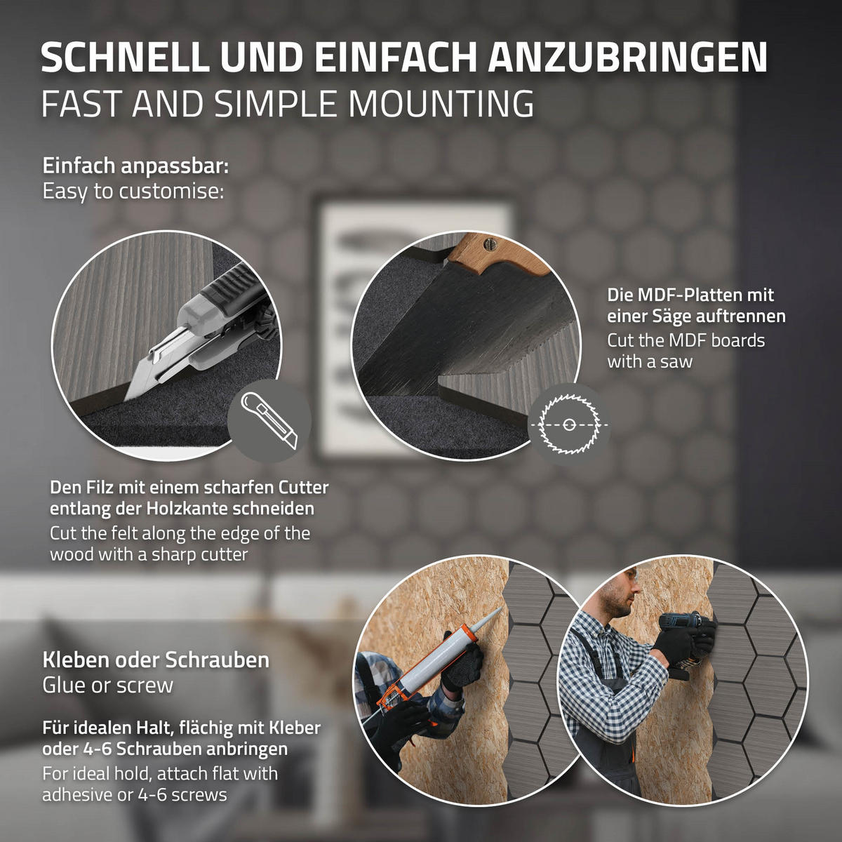 AKUSTIKPANEEL Echtholz 2er Set Grau Hexagon - Grau, Holzwerkstoff (2.1/81.1/66.6cm) - ML-DESIGN